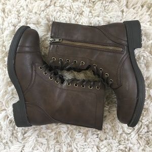 Brown Faux Leather Combat Boots